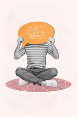 Vertical advert image collage photo of young man sitting on floor holding big message bubble hiding...
