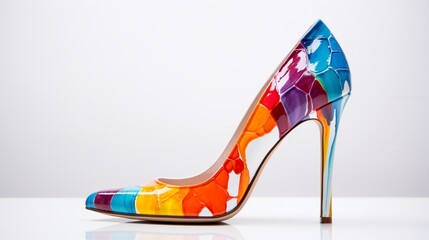 a pair of stylish and colorful women's heels, strategically positioned on a pristine white canvas.