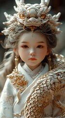 A close up of a doll wearing a costume.