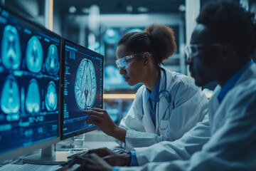 Neuroscientists Harnessing the Power of Computer-Powered VFX Hologram to Study the Human Brain and Nervous System in a Cutting-edge Laboratory. A Multicultural Team Focused on Technological Solutions 