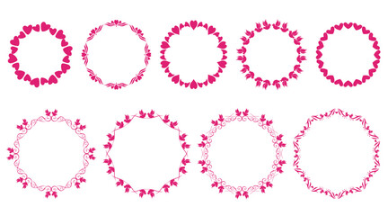 Frames with hearts and birds in pink. Holiday frames for Valentine's Day or wedding. Set of round borders. Vector illustrations.