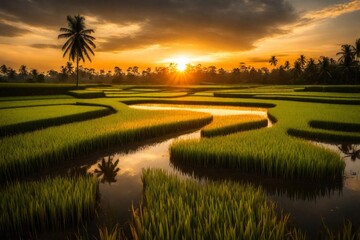 Fototapeta na wymiar Golden Horizon: Embracing the Sunset's Glow Over Paddy Fields in the Golden Hour