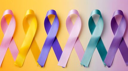 Colorful ribbons on pink background, cancer awareness, World cancer day, National cancer survivor day