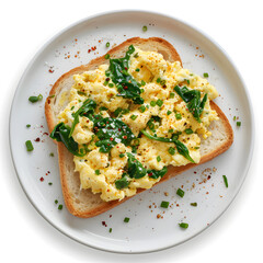 Fototapeta na wymiar Scrambled Eggs with Mustard Greens on Toast bread, white plate, top view, isolated on white background