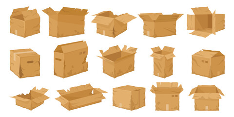 Crumpled cardboard boxes. Broken carton delivery package, wet, damaged, torn shipping containers flat vector illustration set. Damaged cardboard boxes