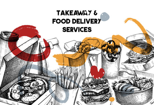 Fast food background. Hand drawn vector illustration. Collage style.  Food delivery, takeaway food, takeout food in paper box, fast food menu design. Pizza, burger, coffee, noodles, poke, sushi sketch