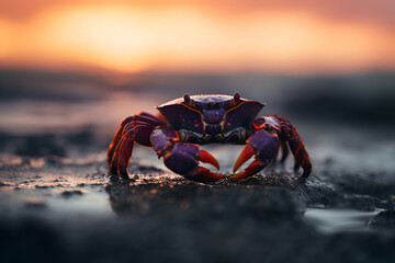 Sea crab on the beach at sunset in the background