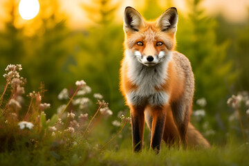 Fototapeta premium A red fox on a green meadow