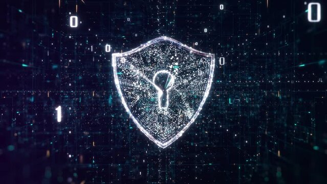 cybersecurity concept. A glowing digital shield with a keyhole, symbolizing cybersecurity, amidst binary code in a dark blue, matrix-like setting.