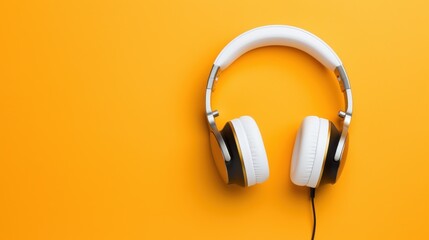 podcasting concept, directly above view of headphones and recording microphone on orange background.


