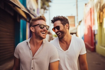 Gay male couple, laughing and happy, walking on the street