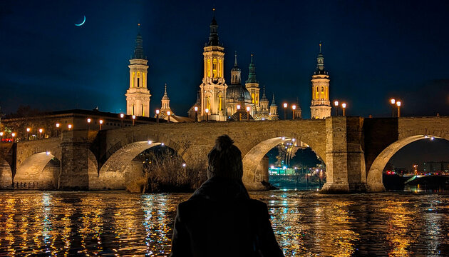 Whispers of the Night: A captivating woman absorbs Zaragoza's splendor, silhouetted against iconic sights.
