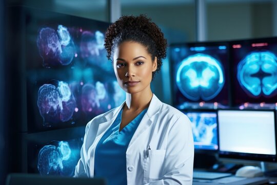 Portrait of confident african american female doctor looking at camera while standing in modern hospital with x-ray images. Medicine and healthcare concept