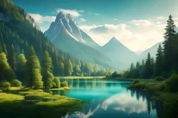 Foto op Plexiglas Picture the tranquility of a narrow river flowing peacefully amidst a dense forest of trees and verdant greenery. Above, a magnificent mountain stands proudly under a softly © Muhammad