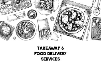 Food delivery banner. Hand drawn vector illustration. Vintage style. Takeaway food background, takeout food in paper box, fast food menu design. Pizza, burger, coffee, noodles, poke, sushi sketch
