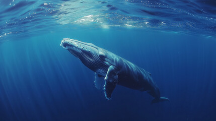 Seascape with Whale tail. The humpback whale (Megaptera novaeangliae) tail, A Humpback Whale and her calf swimming below oceans surface, whale in half air - obrazy, fototapety, plakaty