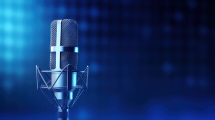 Professional microphone with waveform on blue background banner, Podcast or recording studio background.


