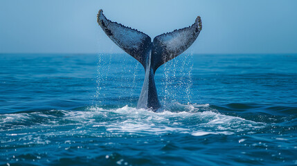 Fototapeta premium Seascape with Whale tail. The humpback whale (Megaptera novaeangliae) tail, A Humpback Whale and her calf swimming below oceans surface, whale in half air