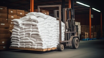 Handling sugar bags, stacking in the warehouse using a forklift.