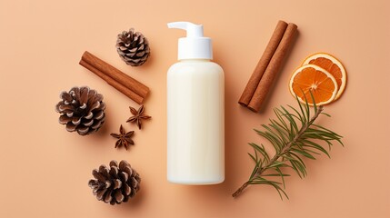 Natural Winter Skincare Cosmetics Composition with Pump Bottle and Cream Jar on Beige Background