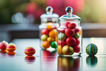 flavored and colorful candies in glass jars