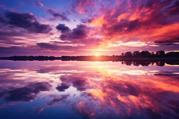 Fotobehang Tranquil lake, ablaze in orange and purple sunset hues. © crazyass