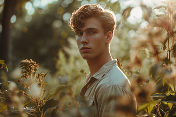 Portrait of a male model in the garden 