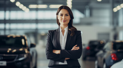 Professional luxury car saleswoman in luxury showroom. Auto dealership office. Car dealer business. Smiling woman in showroom. Expensive car. Automotive industry. Luxury car agent - obrazy, fototapety, plakaty