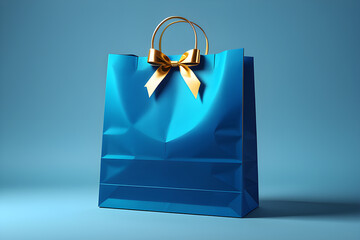 Blue paper shopping bag with gold ribbon handle mockup. Cardboard packaging for boutiques, packaging for shopping in paper bags. photo Playground AI platform.