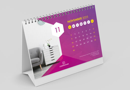 Desk Calendar 2025 Layout with Purple and Pink Gradient Accents
