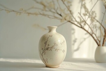 Fototapeta na wymiar A delicate ceramic vase with a delicate floral design, Side view, remote control aerial photography