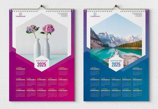 Calendar 2025 Layout with Purple and Pink Gradient Accents