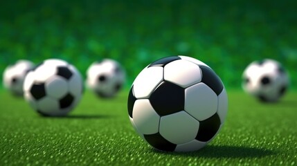 Soccer Football balls 3D on green soccer field.


