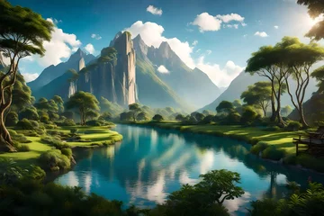Gordijnen Envision the magic of nature with a narrow river weaving through a lush embrace of trees and greenery. In the backdrop, a grand mountain sits beneath a sky © Muhammad