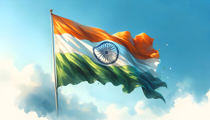 Watercolor waving flag of india against blue sky. - obrazy, fototapety, plakaty