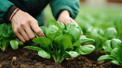 Spinach harvest field closeup hand fresh vegetable cook Spinacia oleracea detail growing seedlings farm plant farming. Young leaves leaf leafy green rows agriculture bio organic cultivation Europe.


