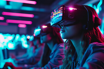 Holographic educational classroom where students with VR headsets engage in interactive 3D learning - symbolizing a futuristic education system.