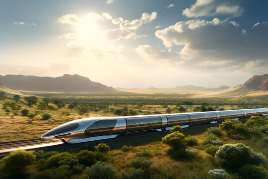 High-speed hyperloop train zipping through a landscape, with passengers viewing digital displays inside, epitomizing efficient and futuristic travel.