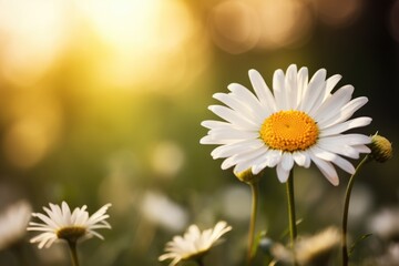 A close up of a daisy flower in a field. Copy-space, place for text.