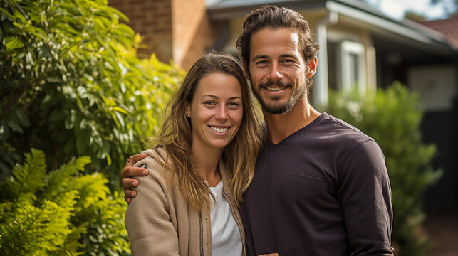 Portrait of happy couple standing together infront of their new home