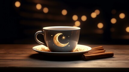 Obraz premium Cup of coffee with steam and bokeh lights on background