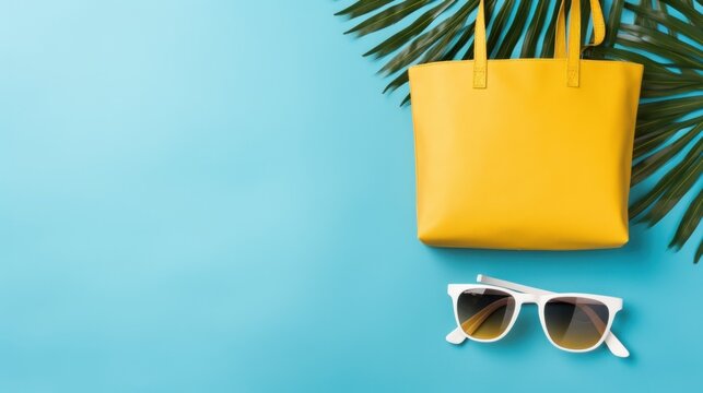Swimming accessories - trendy beach bag with stripes, black glasses, white tablet, yellow flip flop, palm leaf on blue background Flat lay Top view Summer, travel, party, vacation concept Holiday card
