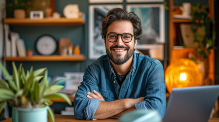 Obraz premium Portrait of a Young adult man working from home. Homeoffice