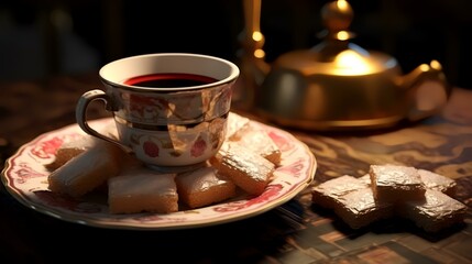 Fototapeta premium Cup of coffee and cookies on table in cafe, closeup