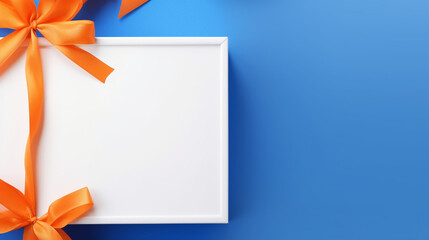 There is an open rectangular empty white box on an orange table, a blue ribbon lies next to it created with Generative Ai