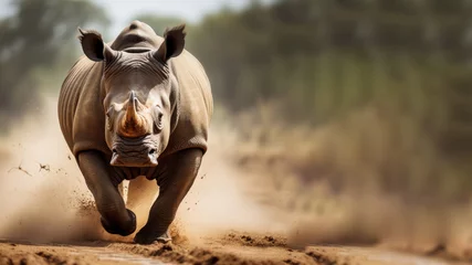 Fotobehang A rhino is running in the hot and dusty savanna © pariketan