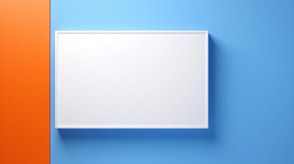 Naklejka premium There is an open rectangular empty white box on an orange table, a blue ribbon lies next to it created with Generative Ai