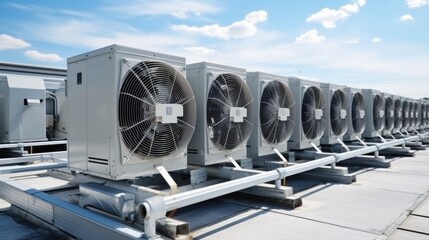The cooling units are industrial or air-conditioning, which are used in the summer for cooling the premises, with fans on the roof of the storage hall, mainly for industrial operations, high angle.


