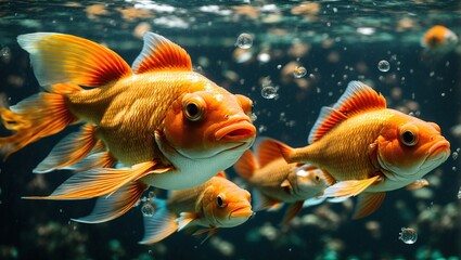 A majestic goldfish swimming gracefully in a crystal clear blue ocean, surrounded by shimmering bubbles
