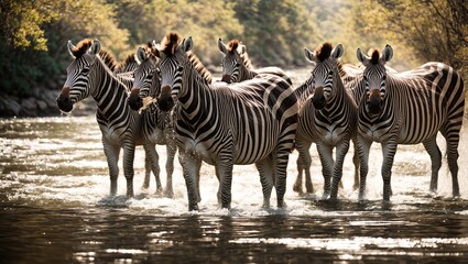 Fototapeta na wymiar A magnificent herd of zebra, their black and white markings illuminating in the sunlight, assembled along the brink of a shimmering river, their reflections twirling over the surface. 
